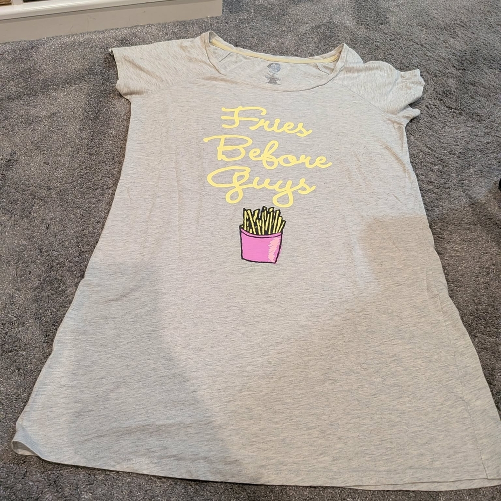 SO Gray Sleep Shirt with Yellow Script and Pink Fries Graphic